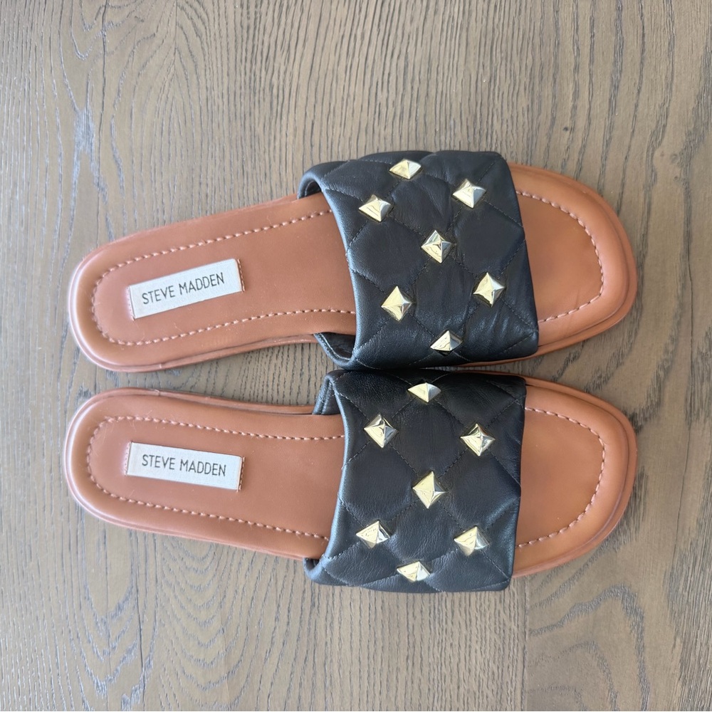 Steve Madden Black Quilted Slide Sandals with Gold Pyramid Studs